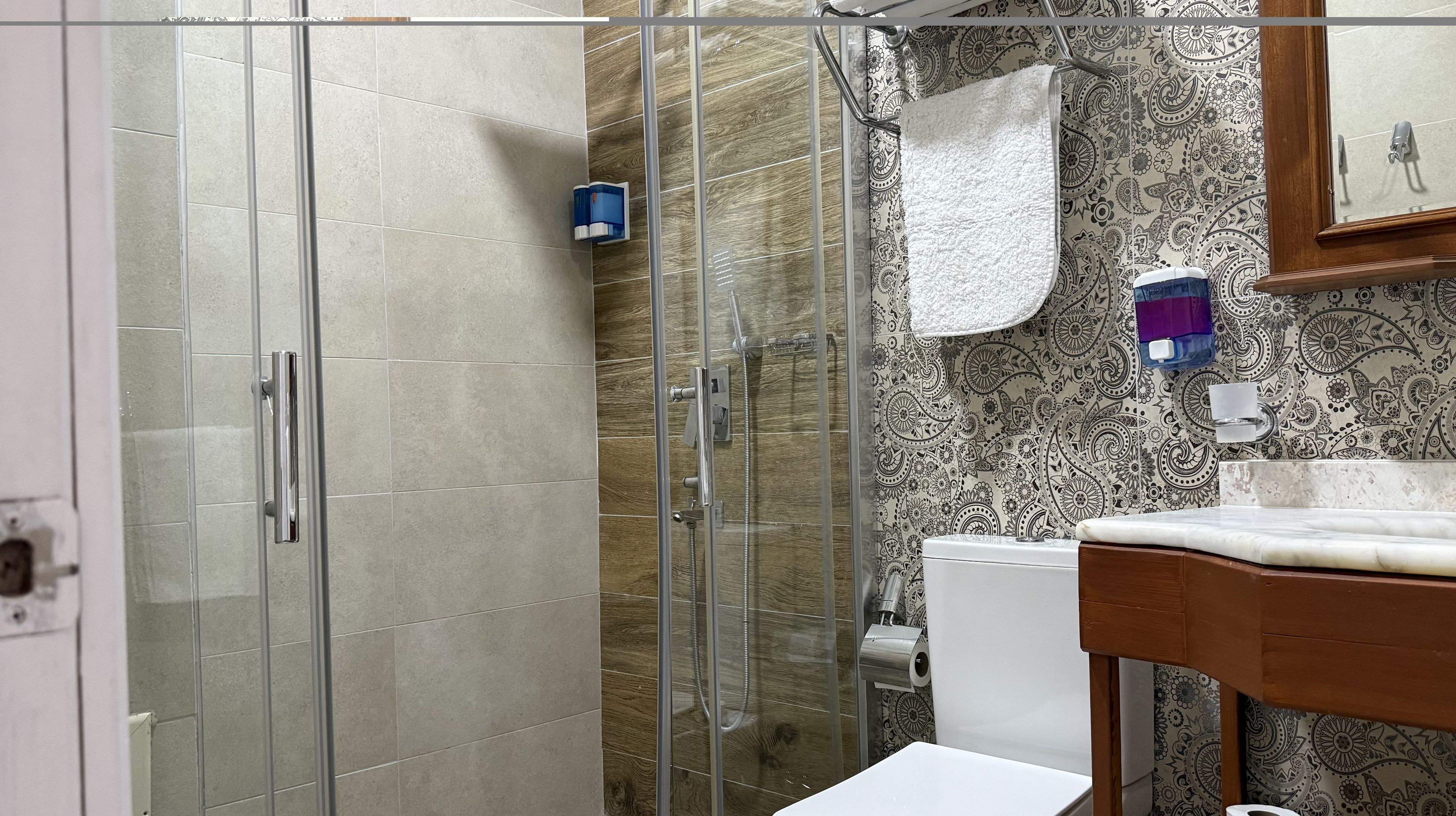 A bathroom with a glass shower enclosure, a toilet, and a sink with a mirror above it.