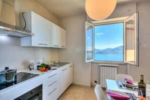 A modern kitchen with white cabinets, a built-in stove, and a window with a view of the sea.