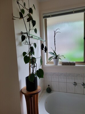 A bathroom with a bathtub, a window with a view of greenery, and a potted plant on a wooden stool.