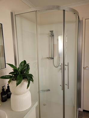 Shower, hair dryer, towels, soap