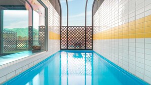 A swimming pool with a view of a garden and a fence. - Gapyeong Beilli pet Pool Villa Pension (Gapyeong)