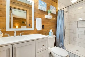 Shower, hair dryer, shampoo
