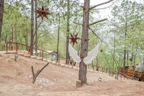 A forested area with a wooden staircase, metal railings, and star-shaped decorations on trees. - Incredible dome ideal for a romantic getaway (La Ciénega de González)