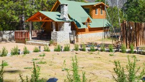 Une cabane rustique avec une cheminée en pierre, une terrasse en bois et un moulin à vent.