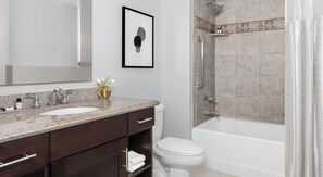 Jetted bath, hair dryer, towels, soap