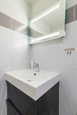 Shower, hair dryer, towels