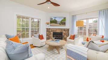 Smart TV, fireplace, books