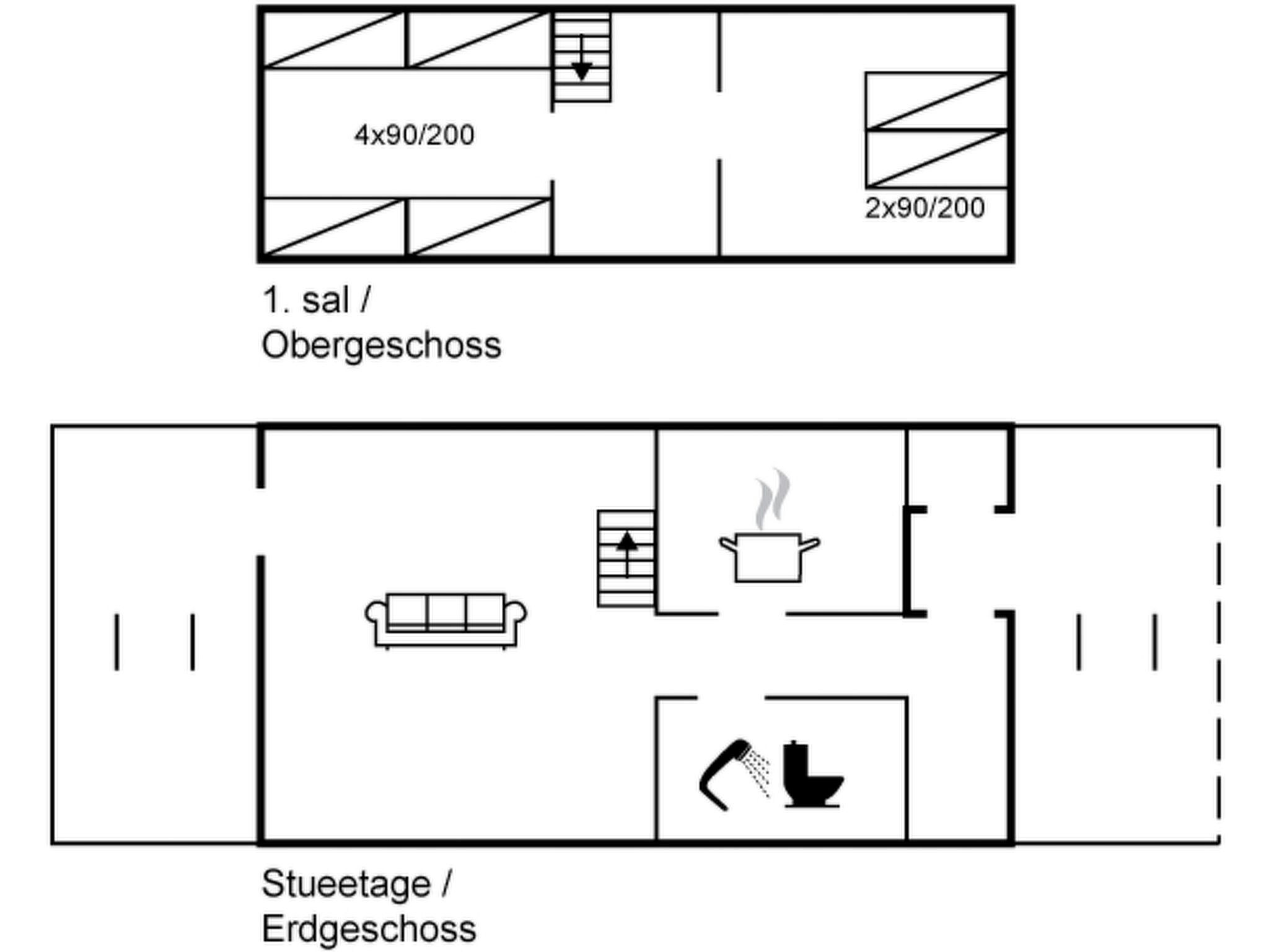 A floor plan with a living area, kitchenette, and bathroom.