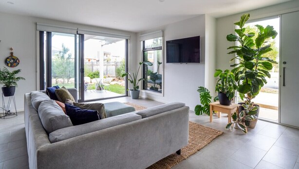 En moderne stue med en grå sofa, store vinduer og plantekasser.