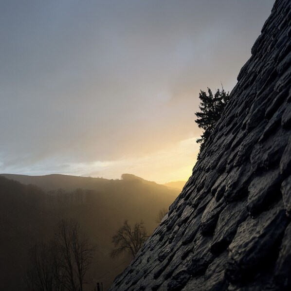 A rugged cliff with a forested valley in the background.