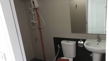 Shower, towels, soap, toilet paper