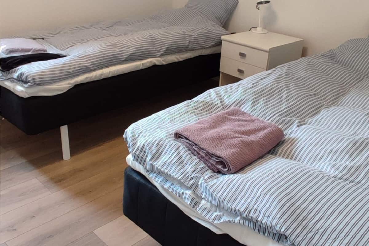 A bedroom with two beds, a nightstand, and a lamp.