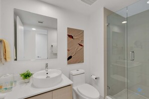 Shower, hair dryer, towels
