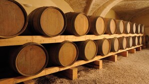 Holzstühle auf Regalen in einem Keller mit Gewölbedecke.
