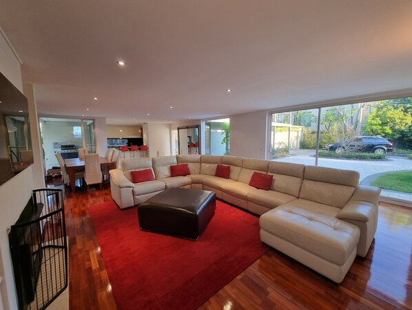 Smart TV, fireplace, video games, DVD player