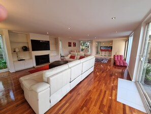 Smart TV, fireplace, video games, DVD player