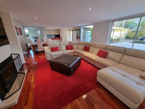 Smart TV, fireplace, video games, DVD player