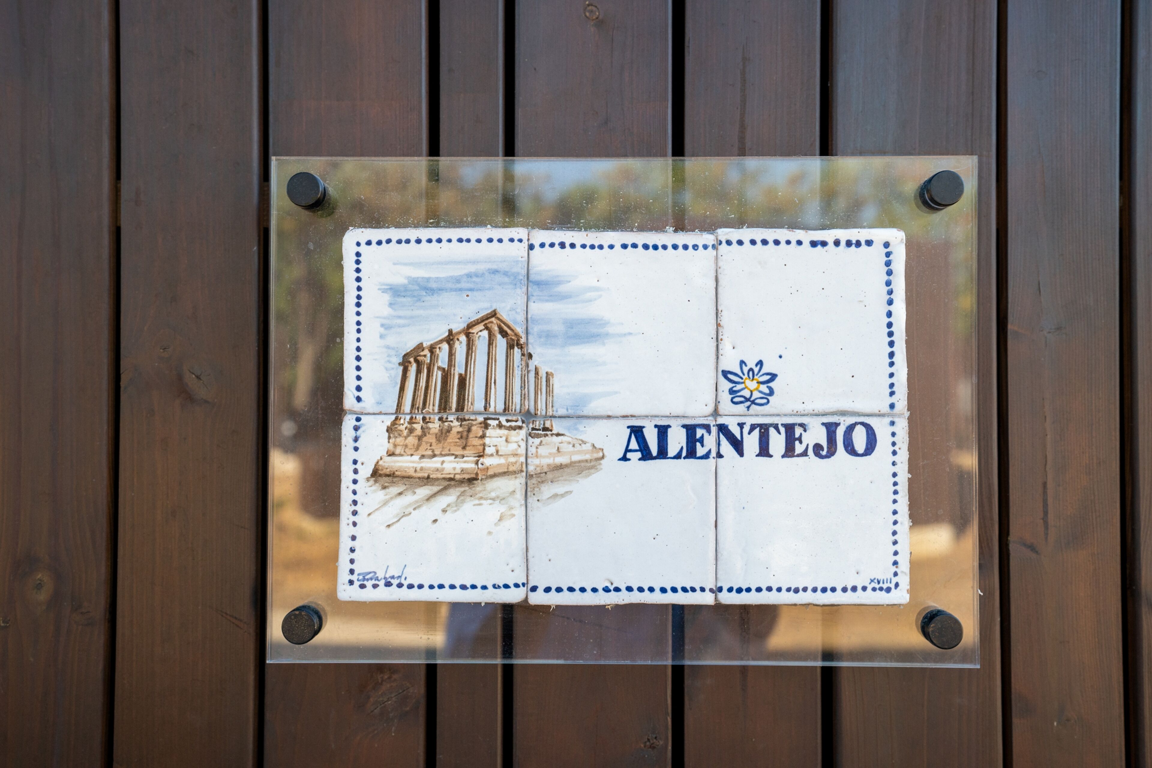 A sign with a building illustration and the word "ALENTEJO" on a wooden background.