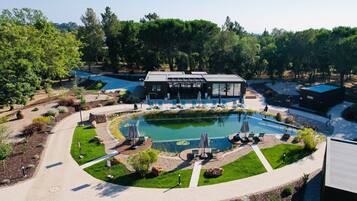Outdoor pool, pool umbrellas, sun loungers