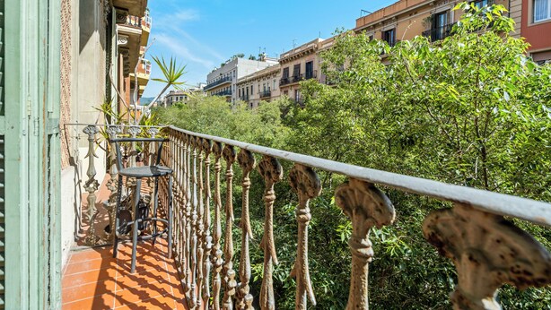 Ein Balkon mit aufwendiger Balustrade, der auf eine Straße mit Gebäuden und Grünflächen blickt.
