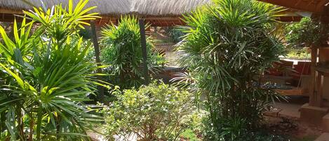A thatched-roof structure surrounded by lush greenery.