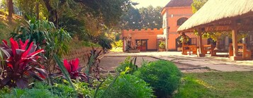 Un patio con una estructura de techo de paja, rodeado de abundante follaje y un edificio de ladrillo.