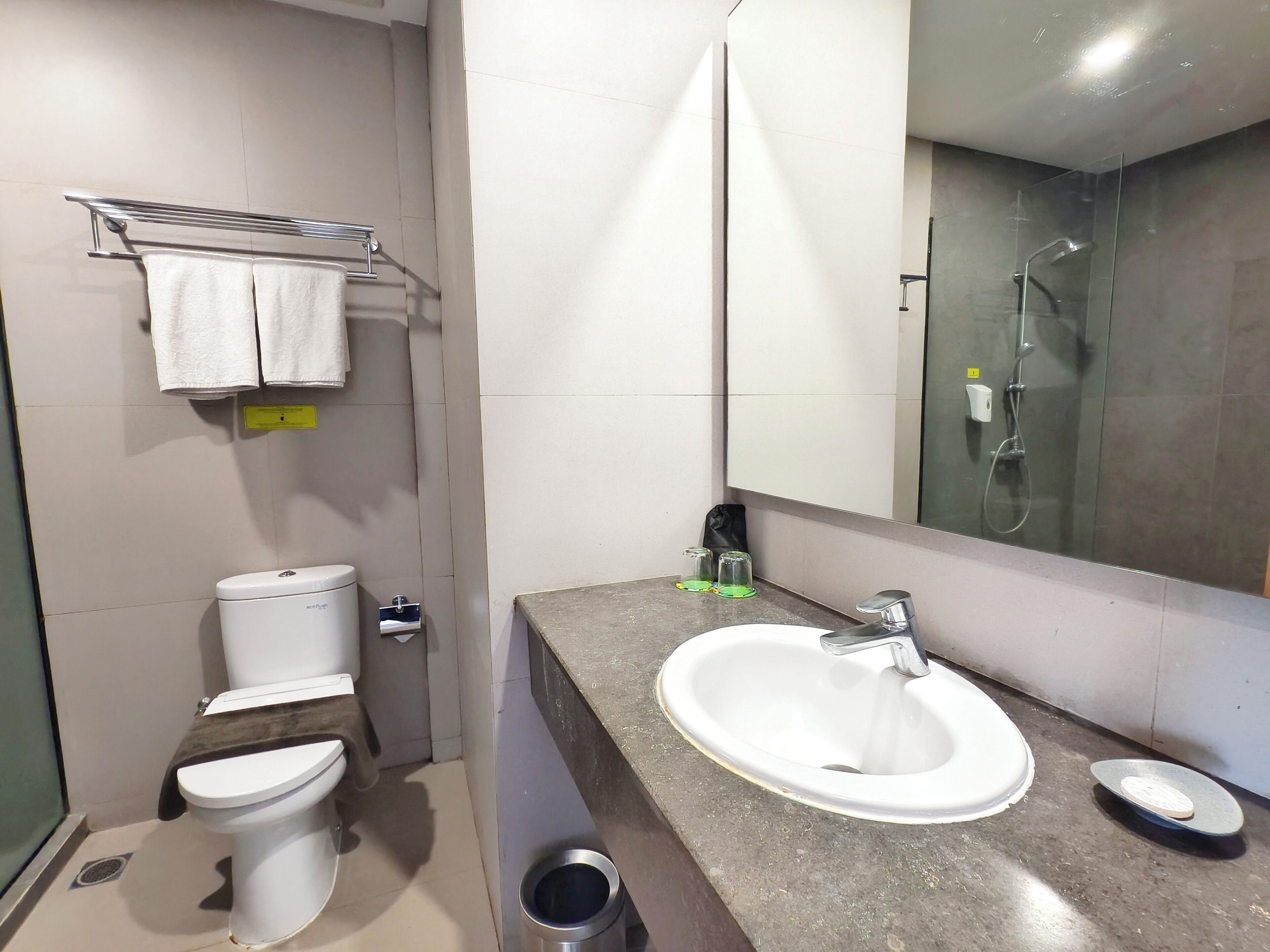 Une salle de bain moderne équipée de toilettes, d’un lavabo et d’une douche.