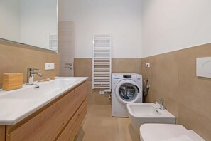 Shower, hair dryer, bidet, towels