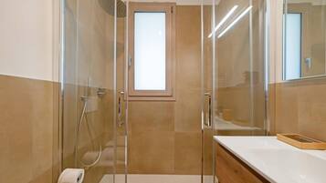 Shower, hair dryer, bidet, towels
