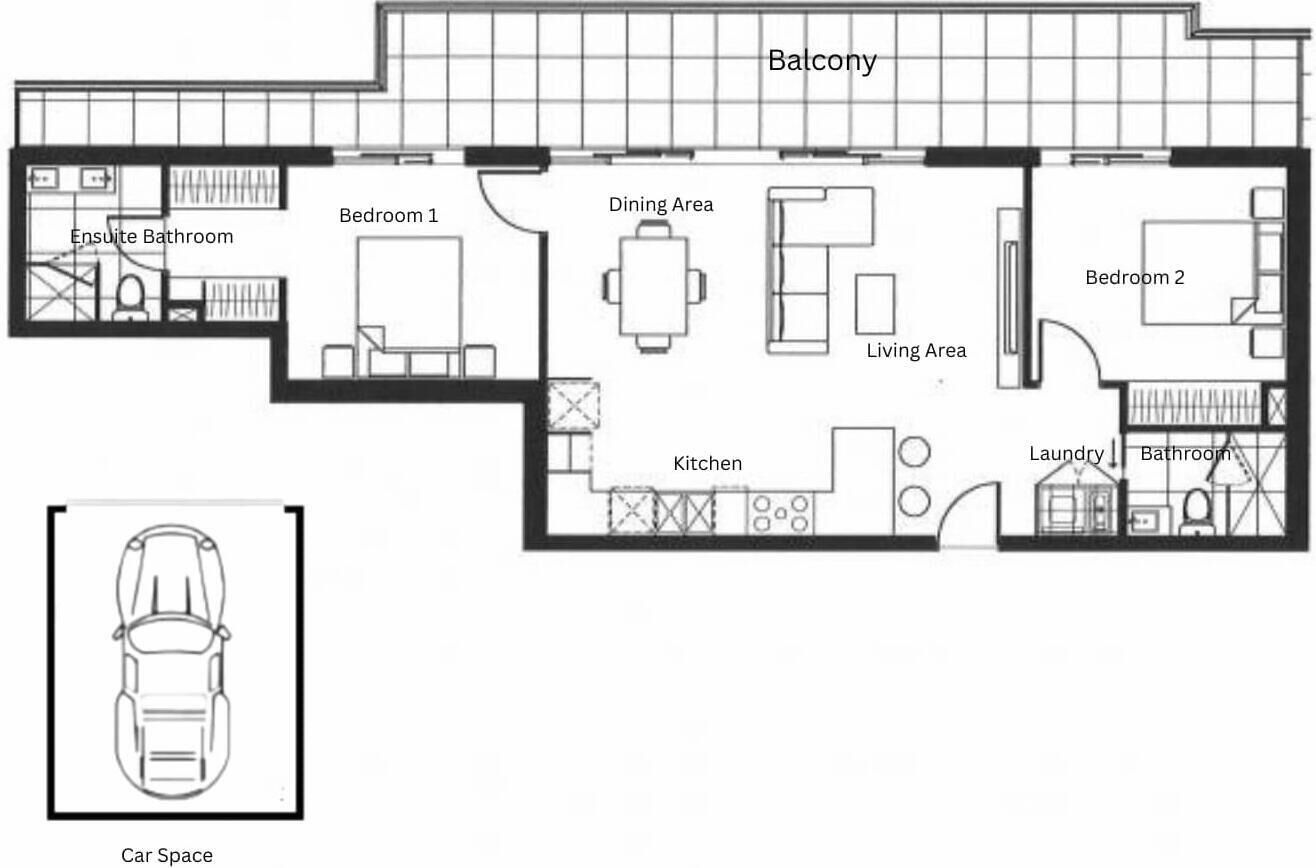 Grundriss mit Balkon, zwei Schlafzimmern, Essbereich, Küche, Wohnbereich, eigenem Badezimmer, Hauswirtschaftsraum und Stellplatz.