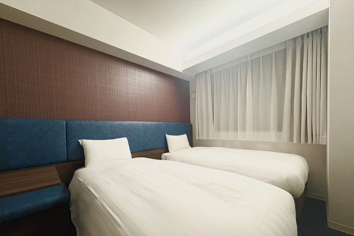 Phòng 2 giường đơn cơ bản, quang cảnh thành phố | Chăn bông, bàn, khu vực làm việc phù hợp cho laptop, màn/rèm cản sáng