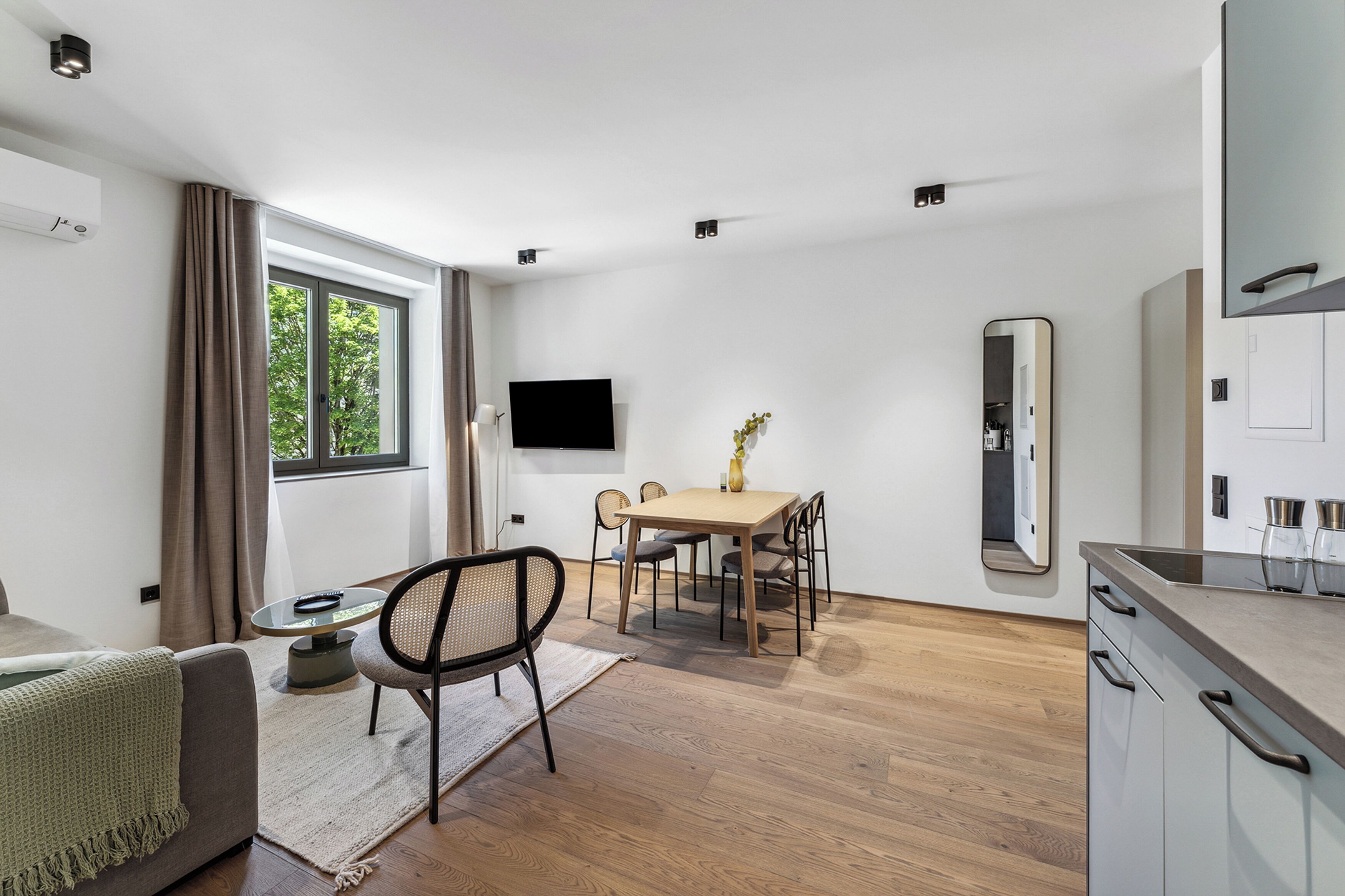 A modern, well-lit room with a dining area, a sofa, a TV, and a kitchen counter.