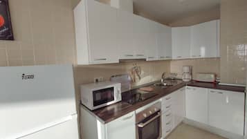 Frigorífico, microondas, horno y placa de cocina
