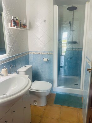 Dusj, hårføner, håndklær og såpe