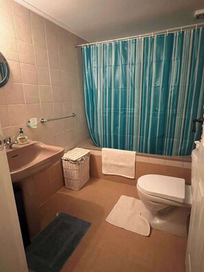 Shower, hair dryer, towels, shampoo