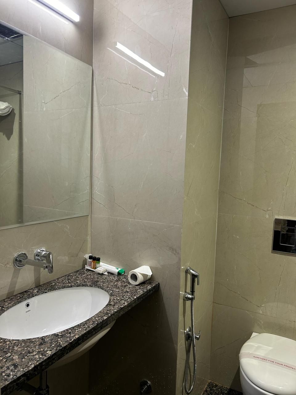 A bathroom with a sink, mirror, toilet, and shower.