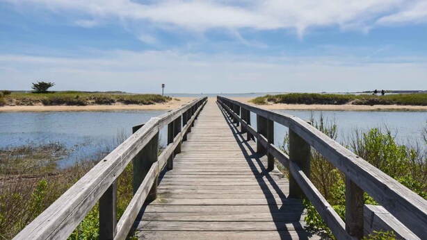 A wooden boardwalk leading to a beach with a clear sky. - Short Drive to Gray's Beach! (Yarmouth)