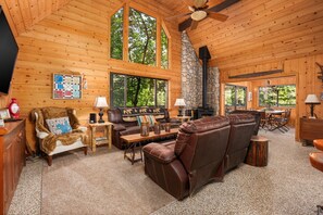 Télévision, cheminée, livres