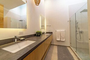 Shower, hair dryer, towels