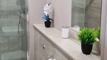Hair dryer, towels, soap, shampoo