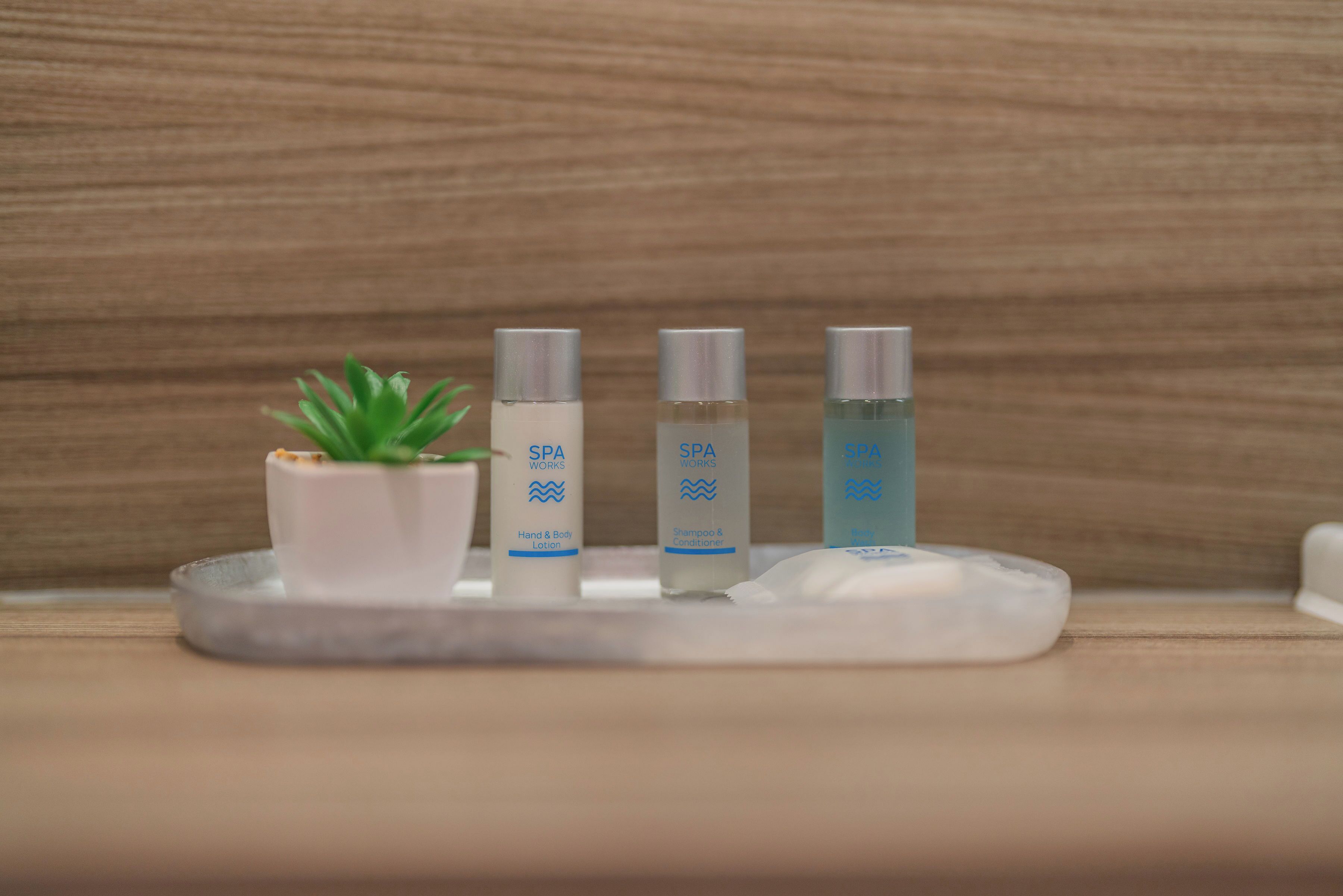A tray with three spa products and a small plant on a wooden surface.