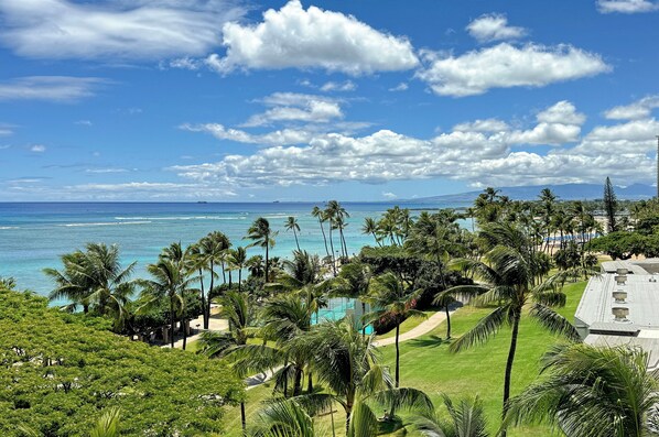 A tropical resort with a pool, palm trees, and a view of the ocean.