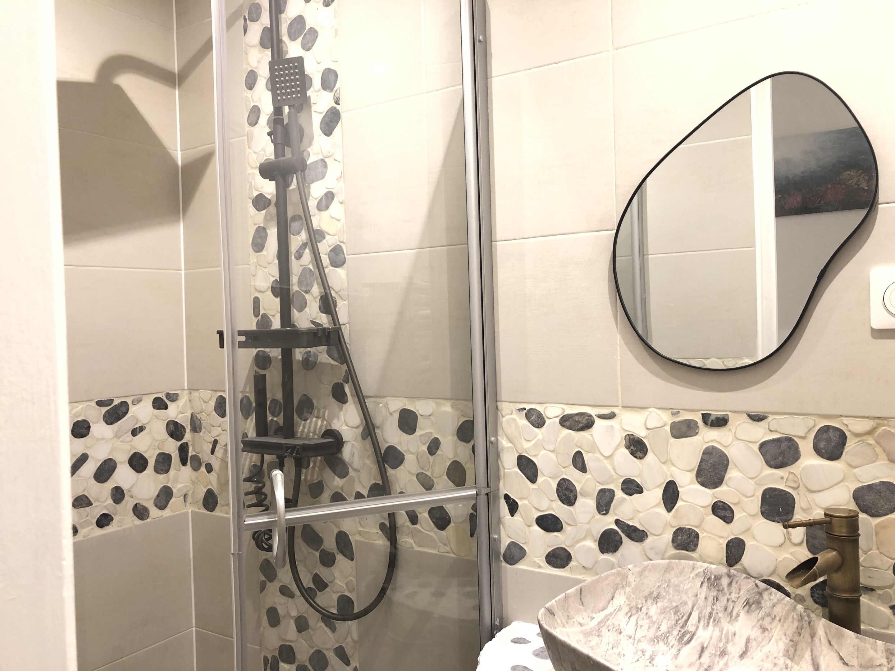 Une douche équipée d’un pommeau de douche à main et d’une porte en verre.