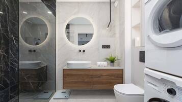 Shower, hair dryer, shampoo