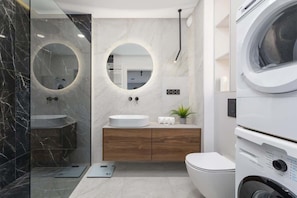 Shower, hair dryer, shampoo