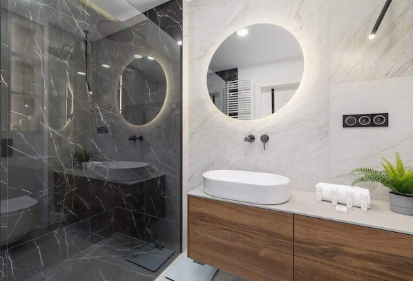 Shower, hair dryer, shampoo