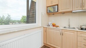 A kitchen with wooden cabinets, a window, and a view of trees.