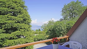 Ein Balkon mit Tisch, Stuhl und einer Topfpflanze.