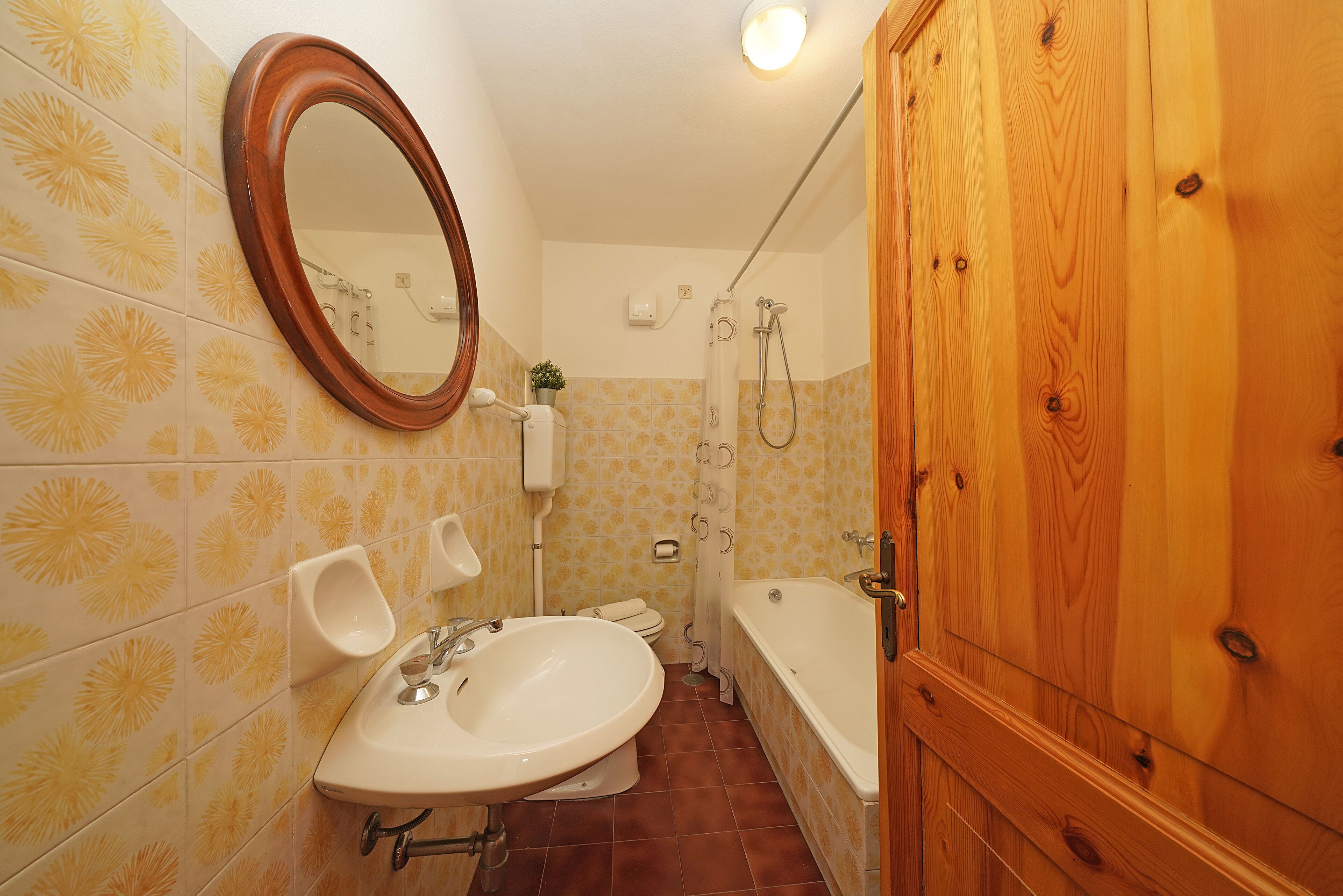 A bathroom with a sink, mirror, shower, and wooden door.