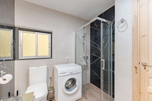 Shower, hair dryer, towels